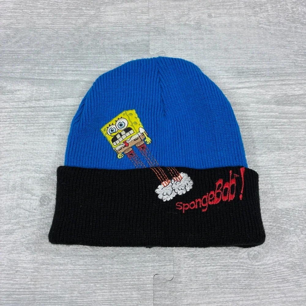 Vintage SpongeBob SquarePants Beanie Boys OS Blue Black Acrylic 2003 Hat Viacom
